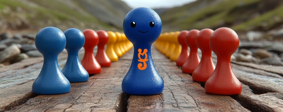 Colorful game pieces on a wooden pathway, featuring a standout blue figure amidst a lineup of red pawns in a natural setting.
