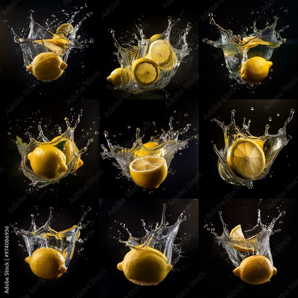 Poster a collage of lemons and lemon slices falling into water, creating splashes and droplets against a da