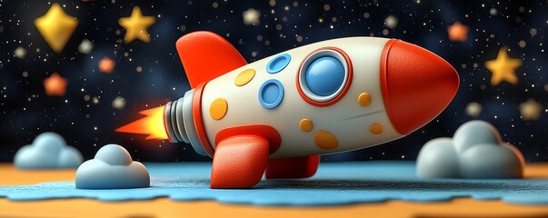 Colorful toy rocket launching into a starry space scene, ideal for children's themes and adventure concepts.