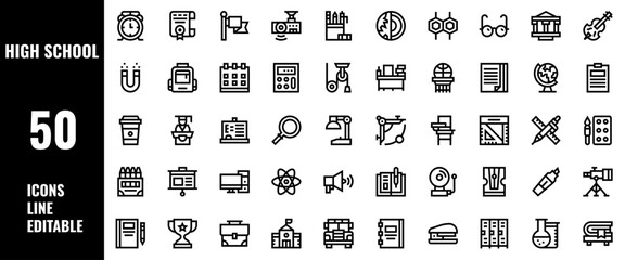 50 High School Icons Set Pack Line Editable Vector Illustration