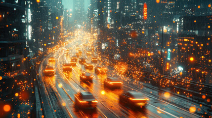 Abstract Night Cityscape with Blurred Traffic and Bokeh Effects. Urban Street Scene Capturing the Brightness of Moving Cars.