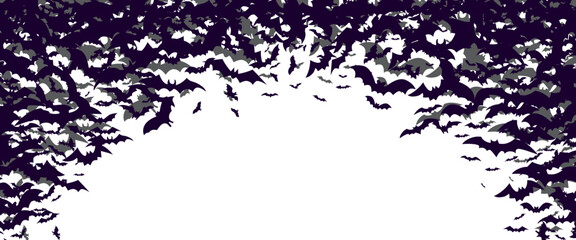 White background with black silhouette of flying bats flock. Halloween banner