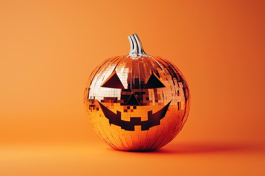 closeup mirror disco ball halloween pumpkin jack-o-lantern on orange background
