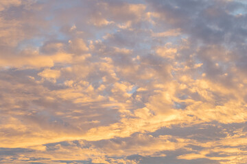 The sky is covered with golden clouds, with the sun setting in the distance. The background of the...