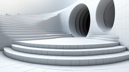 Futuristic white interior with curved stairs and circular openings, perfect for modern architecture and design concepts.