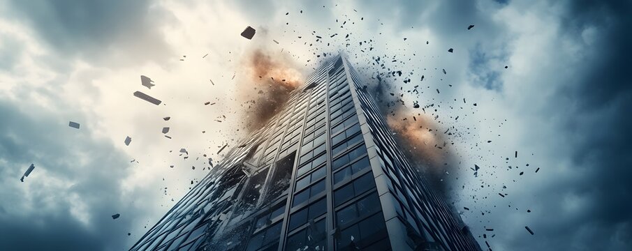 Crumbling Skyscraper in Dramatic Urban Earthquake Disaster with Glass Windows Breaking and Debris Flying