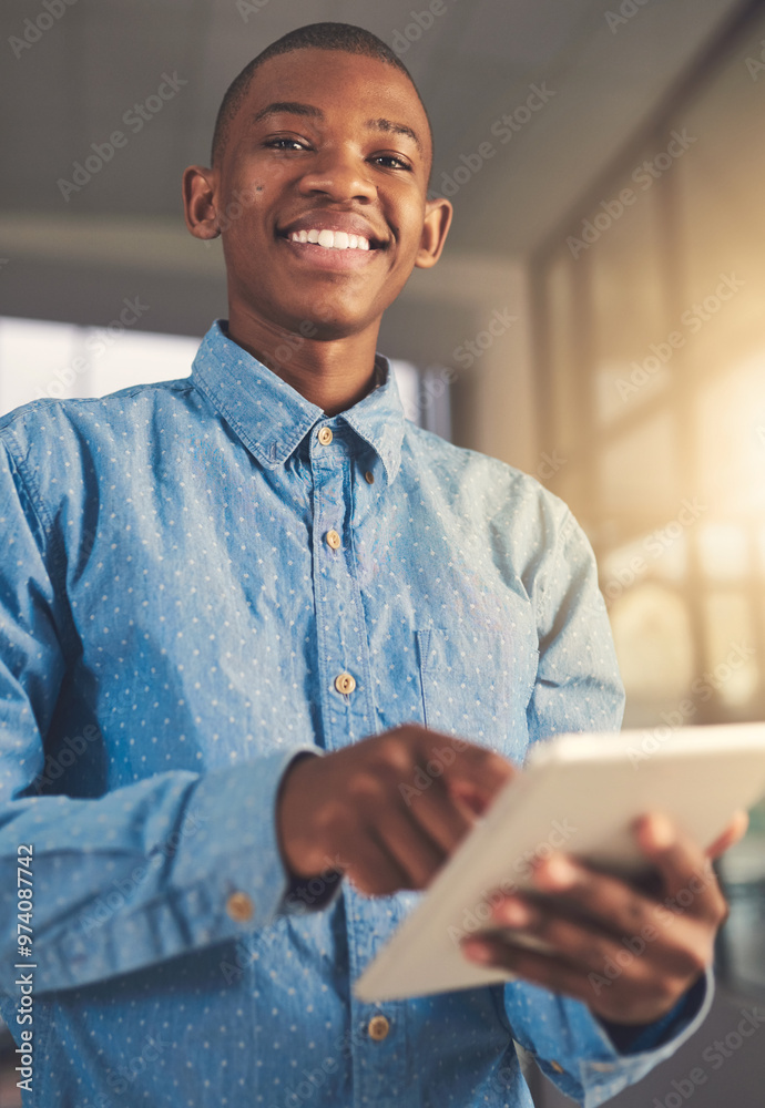 Poster Portrait, business and black man with tablet in office for project research, communication and financial report. Person, digital website and reading email, kpi information and networking for progress