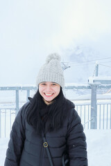 Grindelwald first, Switzerland Woman on First Cliff Walk viewing platform on the First mountain in...