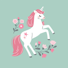 Hand drawn vector cute unicorn with flowers. Perfect for tee-shirt logo, greeting card, sticker, clip art or nursery decor. EPS10 vector file.