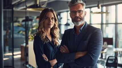 Fototapeta premium A man and a woman are standing in a room with a large window