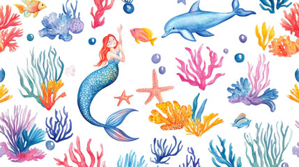 Obraz premium Watercolor sea pattern with mermaids, corals, seahorses, and dolphins for kids.