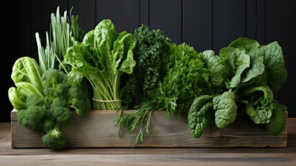 Fresh green veggies in a wooden box
