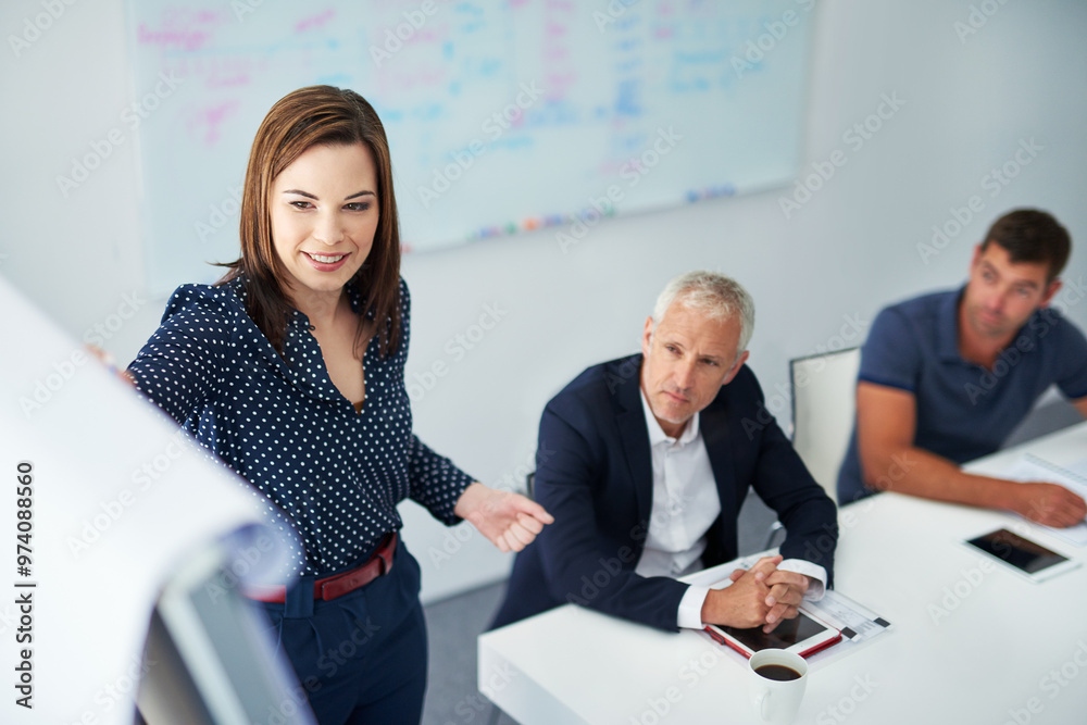 Poster business woman, pitch meeting and board with office data with presentation or ideas in seminar. prop