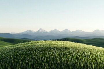 Fototapeta premium Frame mockup on a grassy hill, rolling plains ecosystem with distant mountains, 3D illustration