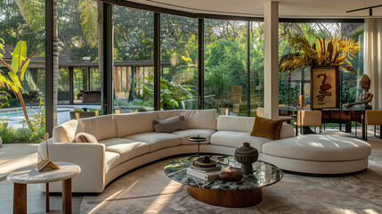 Modern living room with a curved sectional sofa, a round marble coffee table, and floor-to-ceiling windows overlooking the garden.