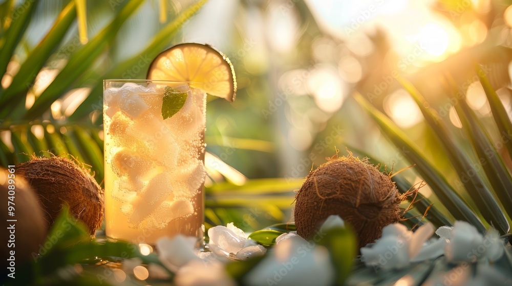 Wall mural Cool coconut juice with coconut plant background.