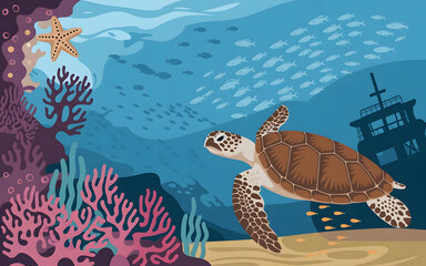 Fototapeta premium Sea Turtle Underwater with Coral Reef and Fish