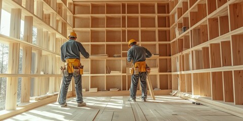 Fototapeta premium Two construction workers build wooden shelves in a bright, spacious interior, showcasing their teamwork and craftsmanship.