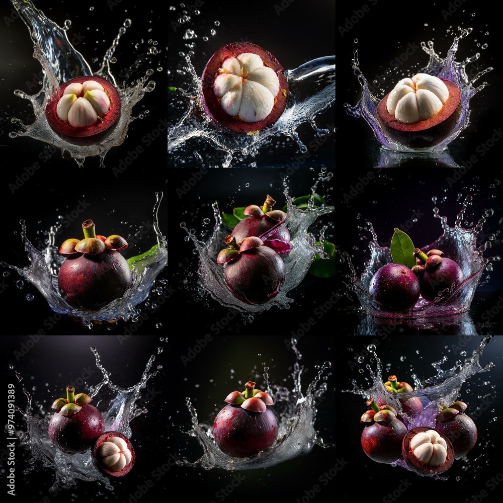 Poster multiple mangosteens are falling into water and creating splashes against a dark background.