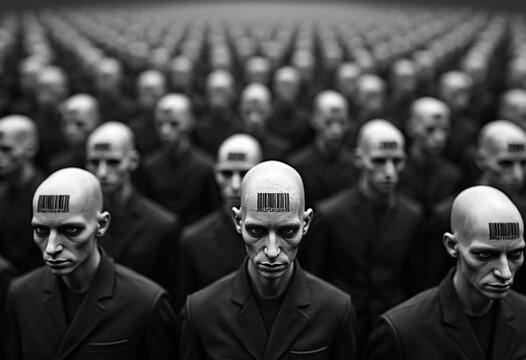 A dystopian and dehumanizing vision of a large crowd of identical bald figures, all with barcodes printed on their heads