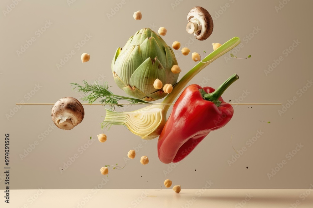 Canvas Prints Fresh vegetables and chickpeas in mid-air. AI.