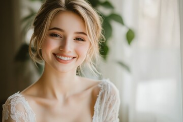 Attractive young bride smilng and preparing for wedding at home in the morning. Stylist making makeup and hairstyle for wedding day