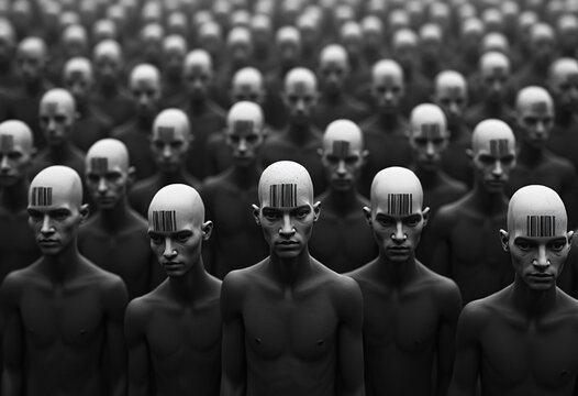 A dystopian and dehumanizing vision of a large crowd of identical bald figures, all with barcodes printed on their heads