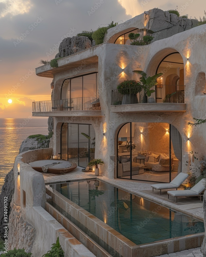 Poster Modern cliffside home with a pool overlooking the ocean. AI.