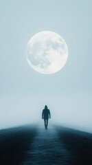 A mysterious figure walking down a foggy path, the full moon casting a long shadow behind them, mysterious figure, foggy path, full moon