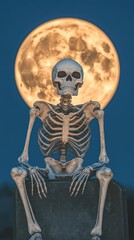A skeleton sitting on a gravestone, illuminated by the eerie glow of the October full moon, skeleton, gravestone, full moon