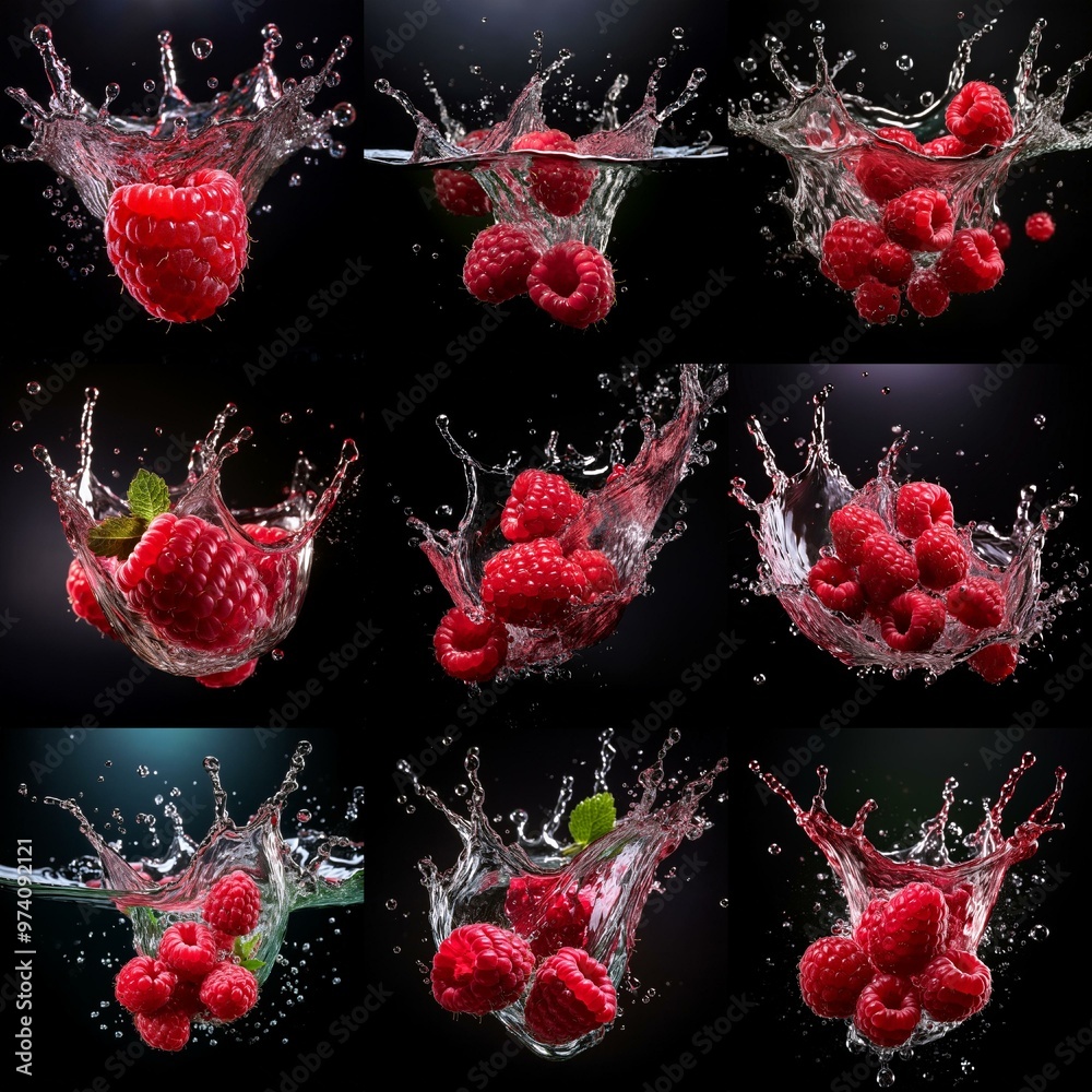 Poster collage of nine images with red raspberries splashing into water against a black background.