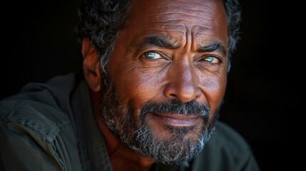 Obraz premium A close-up portrait of a man with a beard and intense eyes. AI.