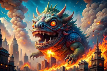 Obraz premium Colorful, comical illustration of a giant, fire-breathing, city-destroying monster, with exaggerated features and