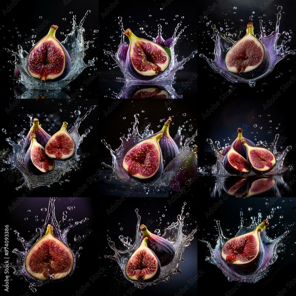 Poster Multiple halved figs splash into water creating a symmetrical water explosion against a black background.