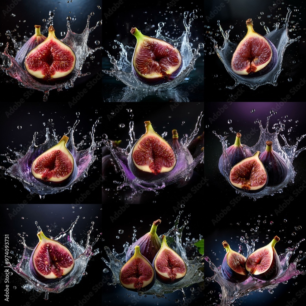 Aufkleber A collage of nine images features halved figs splashing in water, creating a dynamic and artistic visual.