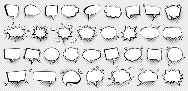 Fototapeta Collection of speech or text bubble, empty message box and comic element with black halftone in vintage pop art style isolated on transparent background. Idea, information, dialogue, chat balloon set.
