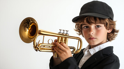 Fototapeta premium American boy dressed as a musician holding a trumpet