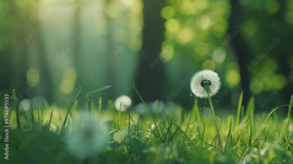 Poster A dandelion is the main focus of the image, which is set in a lush green field