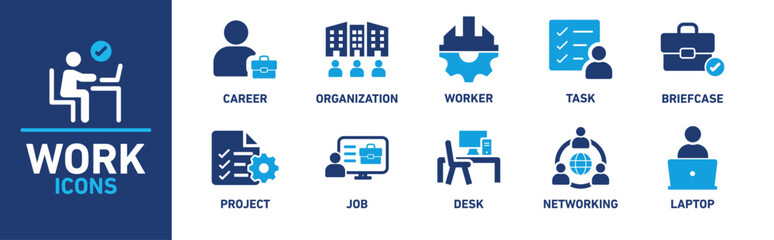 Work icon set. Includes icons for career, organization, worker, task, briefcase, project, job, desk, networking, and laptop.