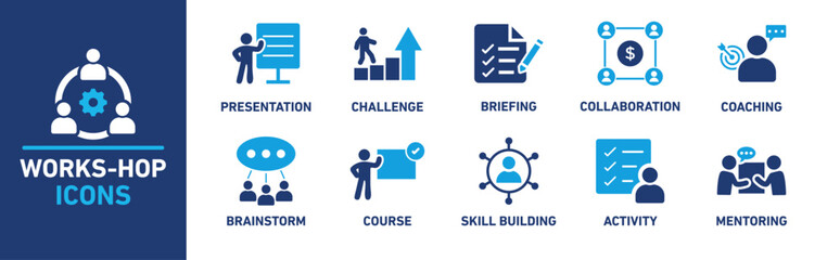 Workshop icon set. Includes icons for presentation, challenge, briefing, collaboration, coaching, brainstorm, course, skill building, activity, and mentoring.