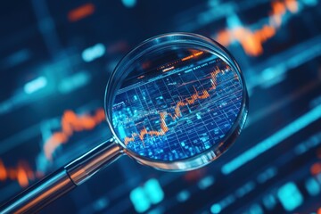 A magnifying glass examining an abstract stock market graph, with a digital screen in focus, showcasing real-time global financial symbols and blue grid lines for an in-depth view of market trends 