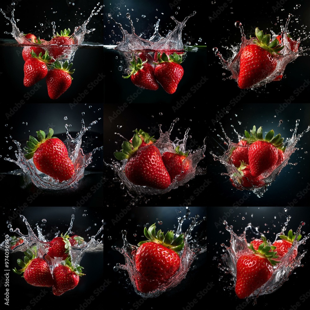 Poster multiple strawberries are splashing into water.