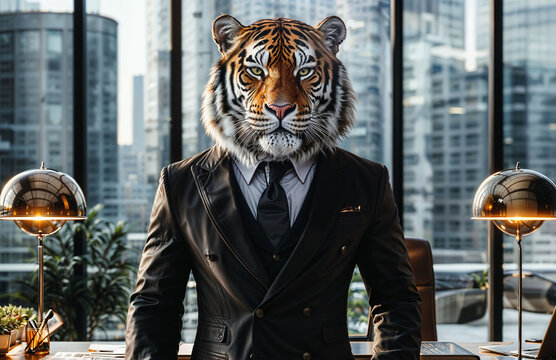 A tiger in a businessman's suit in an office.