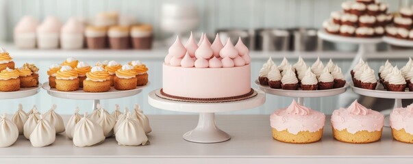 Obraz premium A 3D showcase of a pastry chef's counter filled with piping bags, icing, and partially finished cakes, 3D showcase, pastry chef, cakes