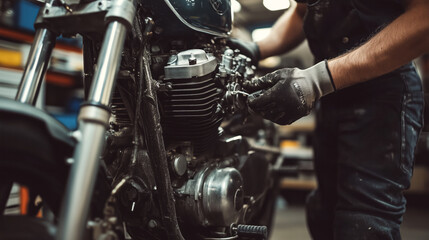 Obraz premium Mechanic hand repairing a motorcycle engine