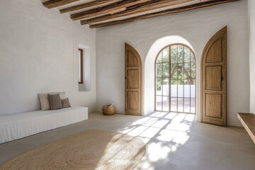 Fototapeta premium Mediterranean rustic room interiors with minimal decor or furniture and contrasting lighting. Country home interior design composition