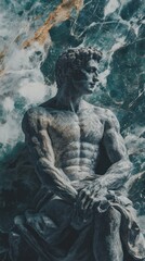 Fototapeta premium Detailed Stone Sculpture of a Muscular Male Figure Against a Dramatic Marble Background in Classic Style