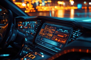 High-tech car with a nighttime graphical user interface, displaying a heads-up display and connected vehicle technology with interactive HUD elements and IoT integration