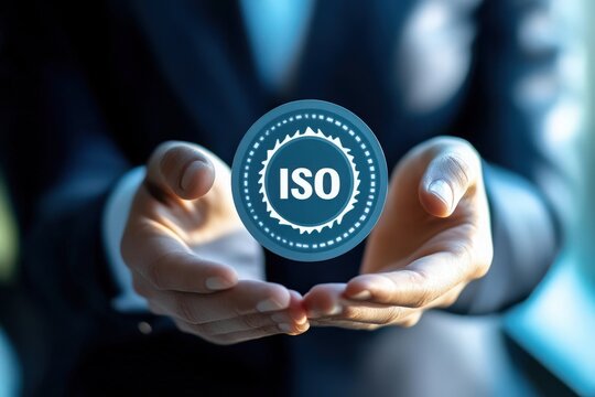 Expert presenting an ISO certified badge as a symbol of adherence to global quality standards and regulatory compliance 