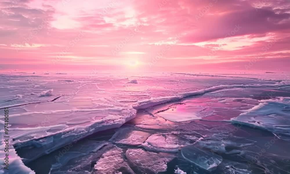 Sticker Frozen lake with cracks in the ice under a pink sky, Video